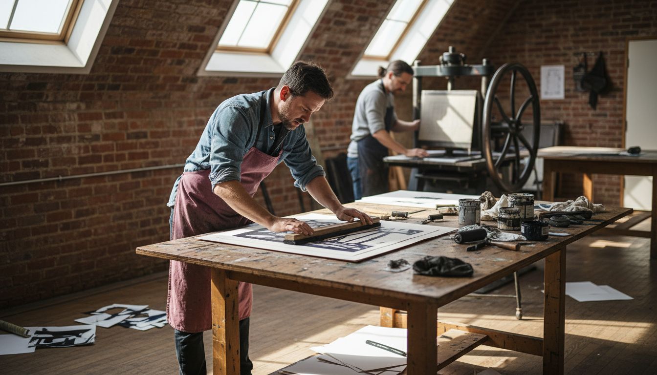 Artisans in lively printmaking studio at work