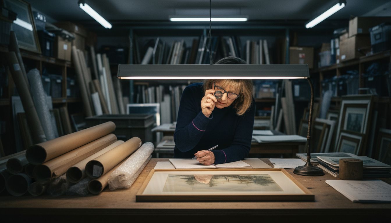 Appraiser examining rare art in storage