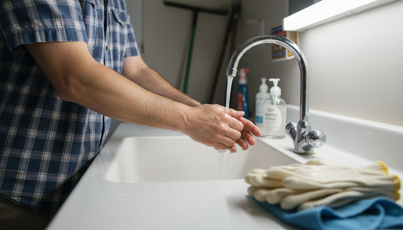 Man washing hands before art handling