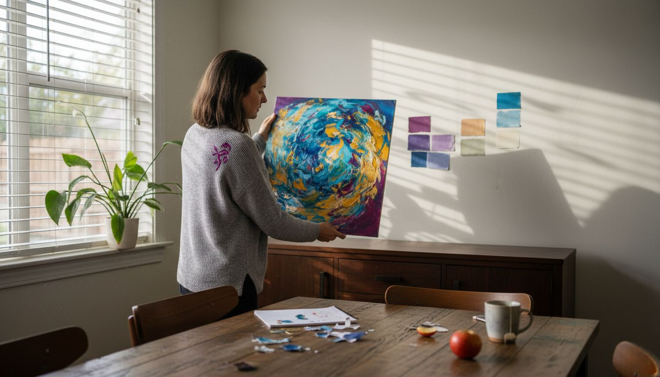 Woman matching painting to wall color