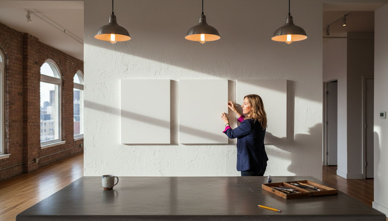 Designer hanging contemporary art in urban kitchen