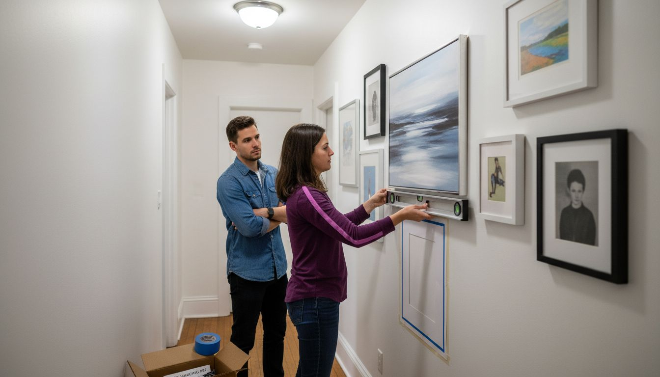 Friends arranging gallery wall in narrow hallway