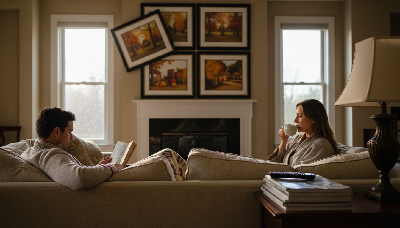 Homeowners with contemporary seasonal prints in living room