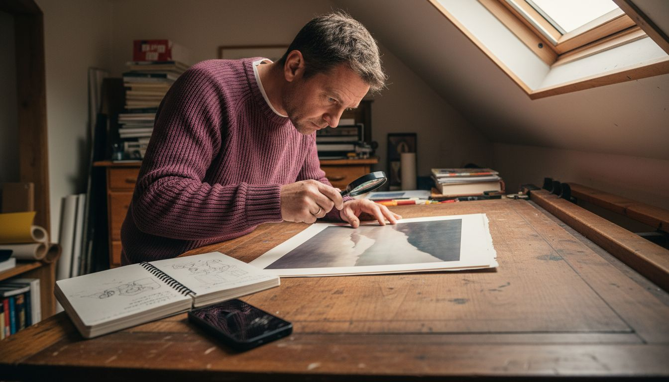Man inspecting art print for condition