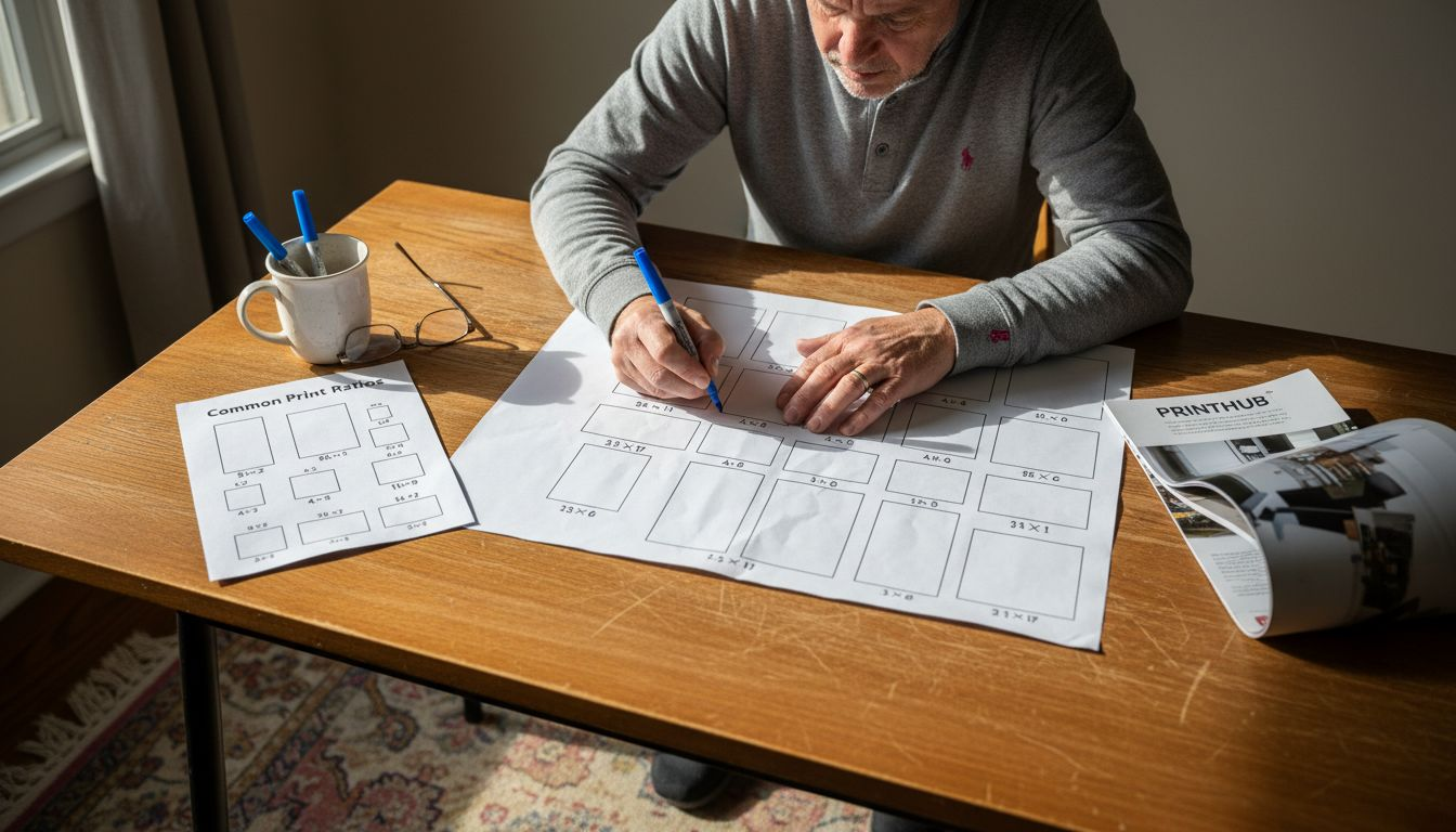 Person drawing and comparing print sizes ratios
