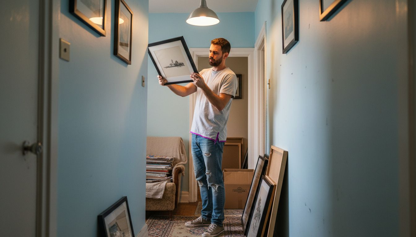 Man selecting framed art for hallway wall