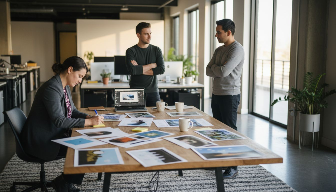 Staff choosing workplace art at table