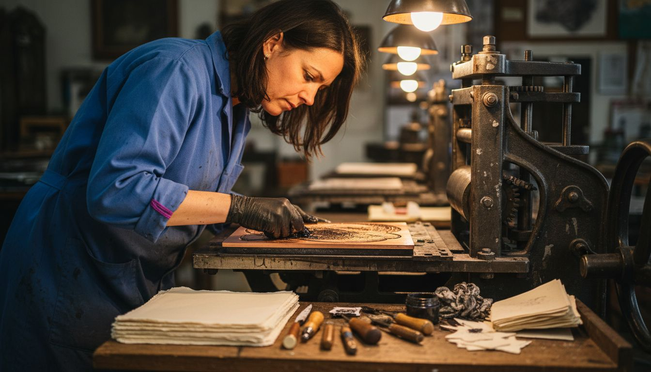 Artist inks copper plate at antique press