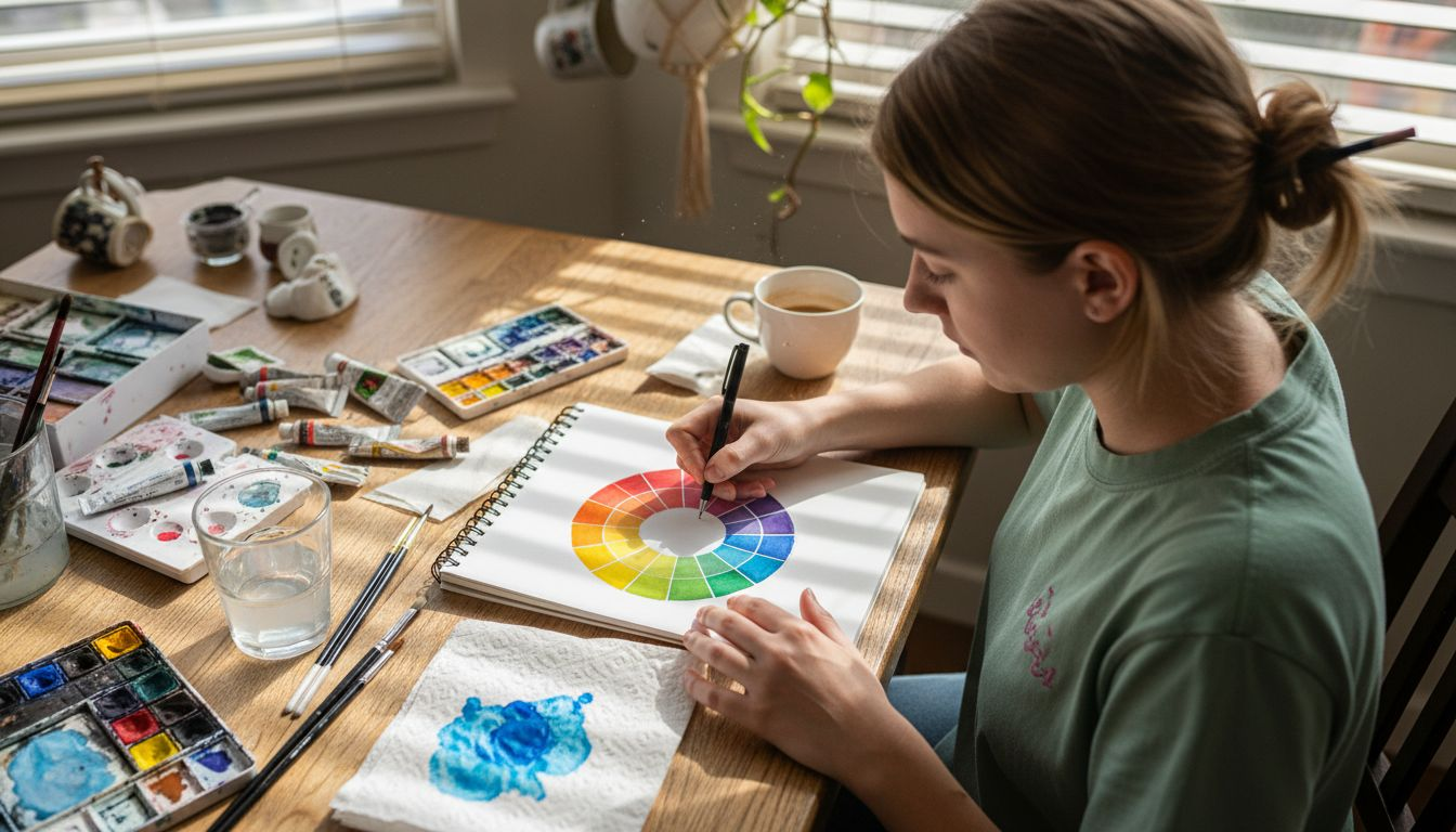 Artist sketching color wheel with supplies