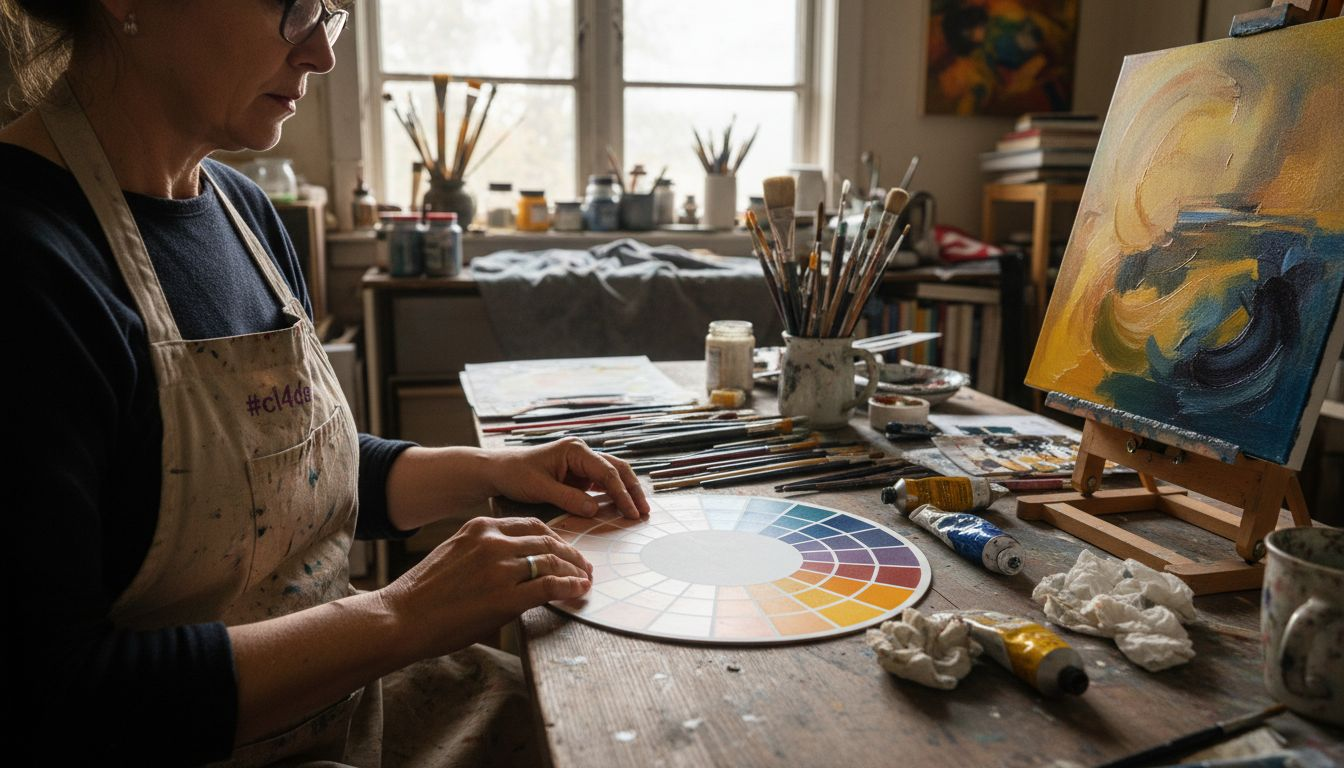 Artist using color wheel for palette choice