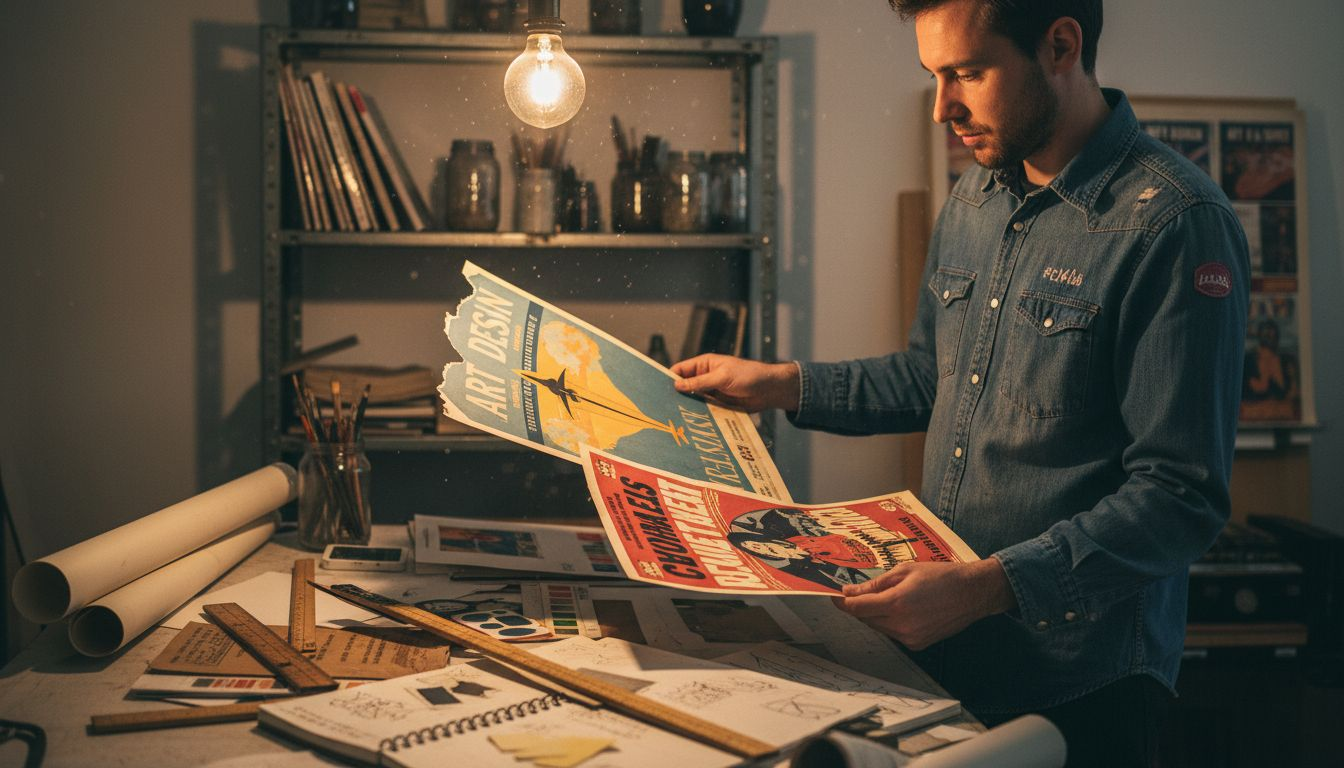 Designer comparing vintage poster prints