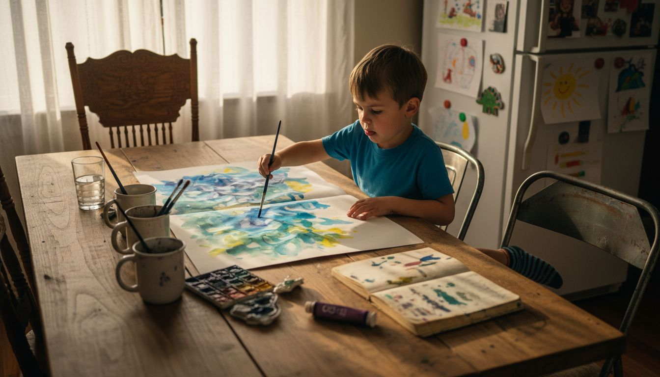 Boy painting at dining room table