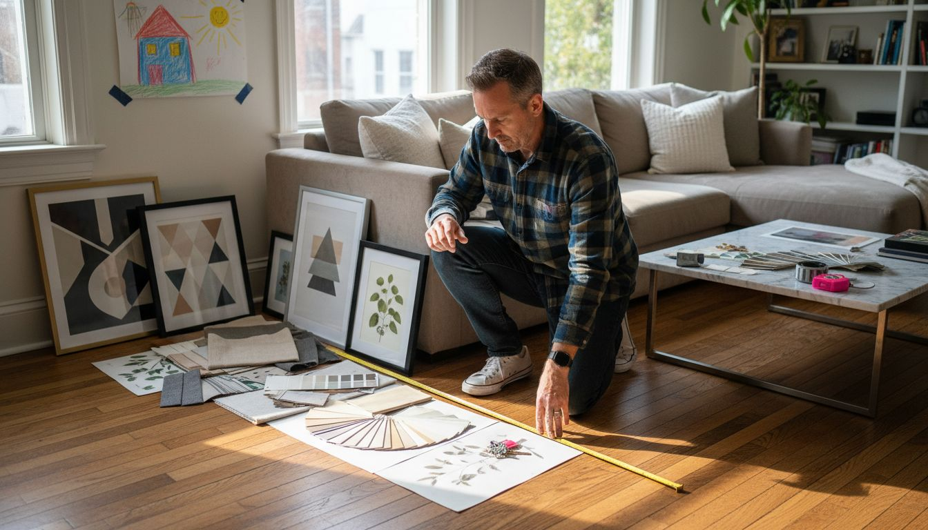 Designer arranges art prints on floor