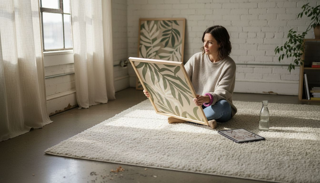 Designer reviewing nature-inspired wall art at home