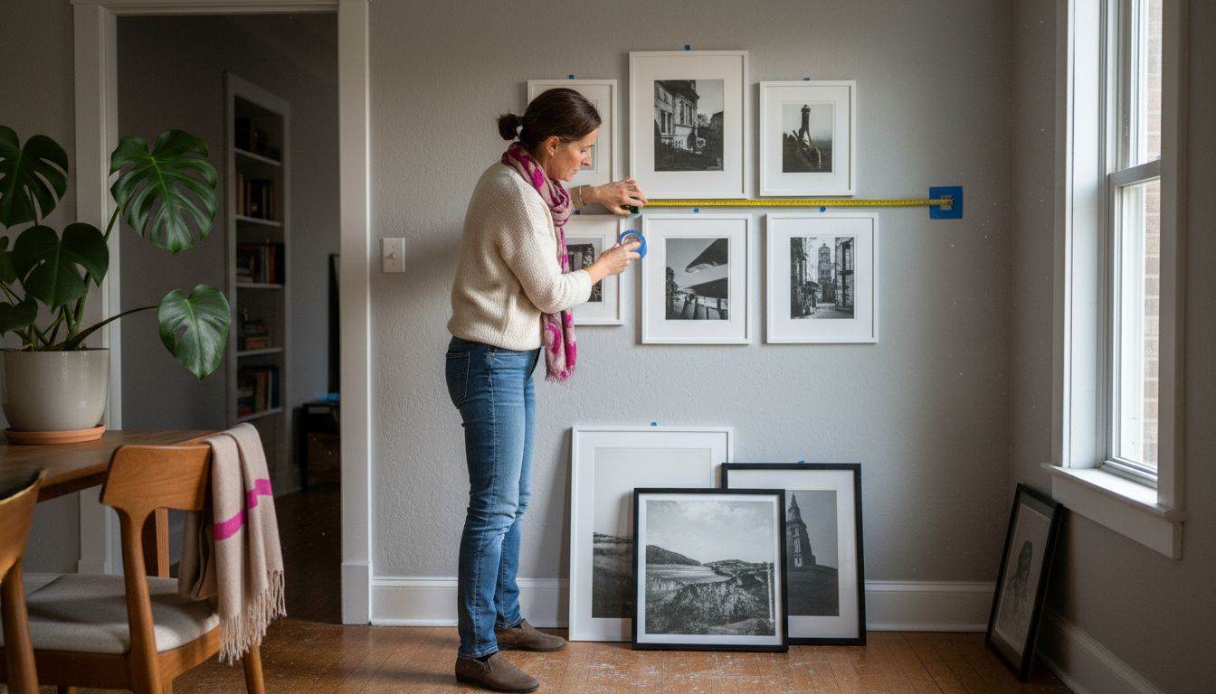 Designer arranging framed prints gallery wall