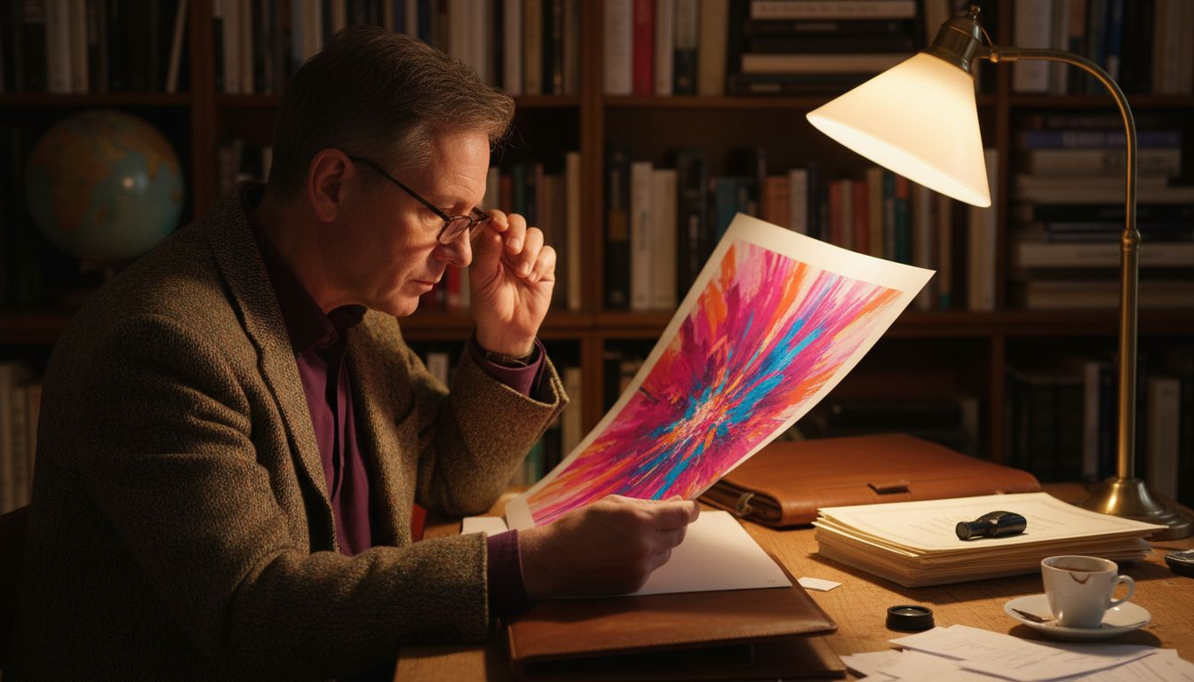 Collector inspecting giclée art print in study