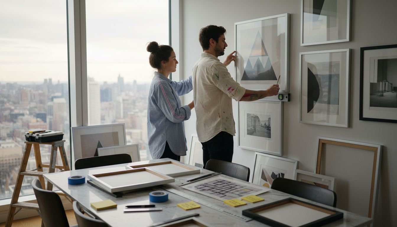 Couple arranging art prints on wall