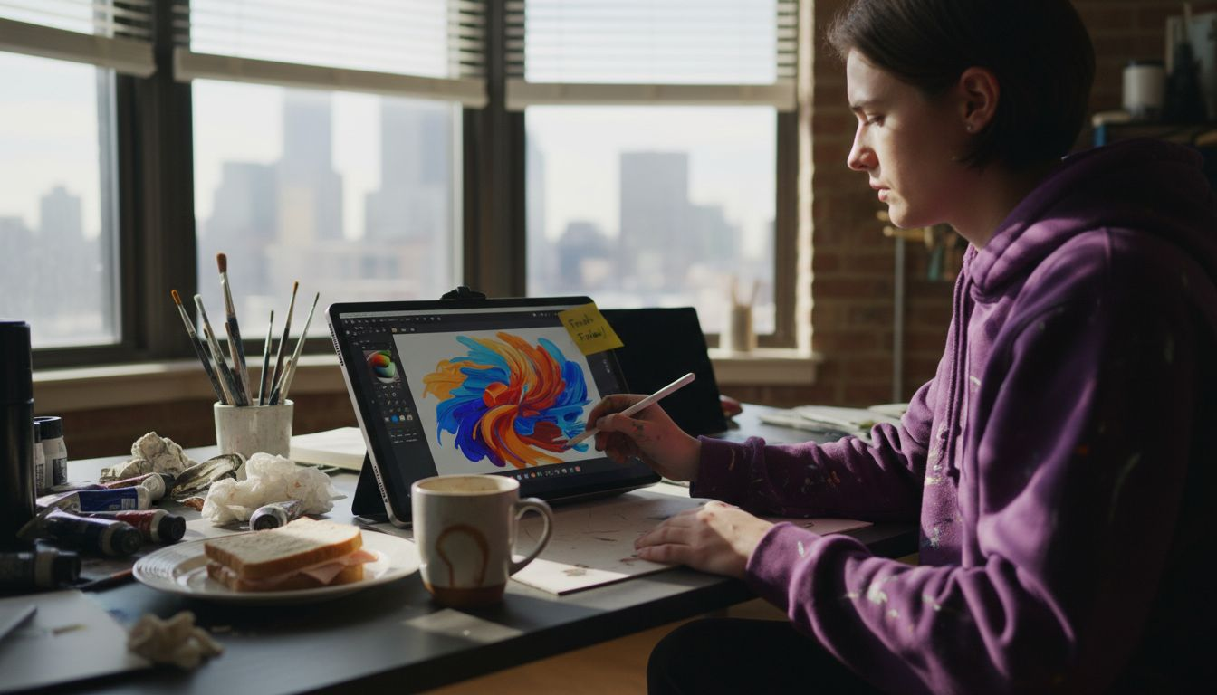 Artist creating digital print in loft studio