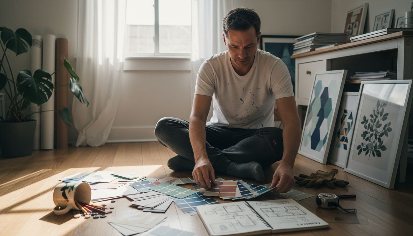 Designer sorting color swatches for wall art