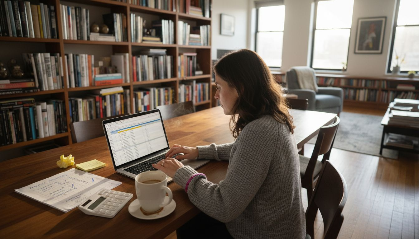 Woman budgeting for art collection at table