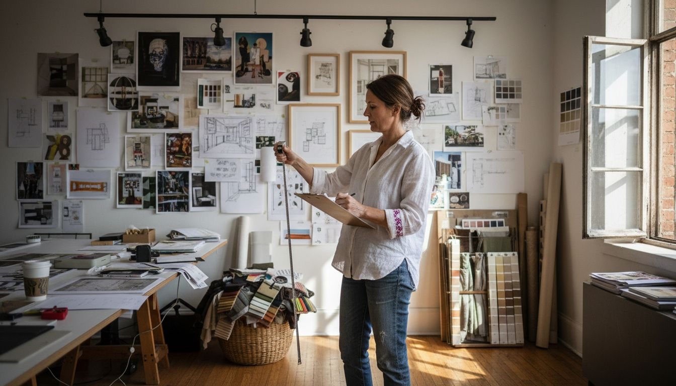 Designer selecting art in studio workspace