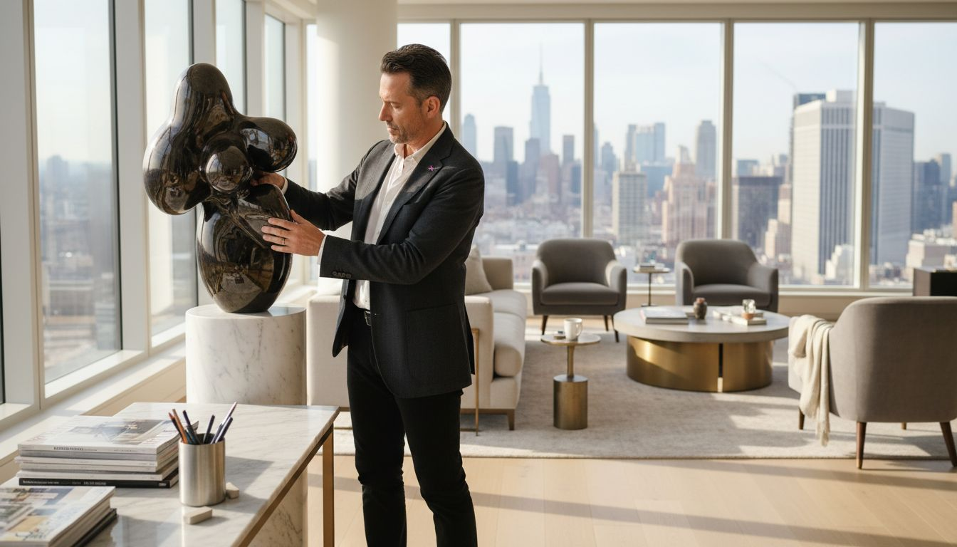 Designer adjusting sculptural statement art