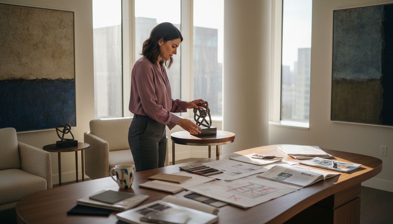 Designer placing sculpture in luxury space