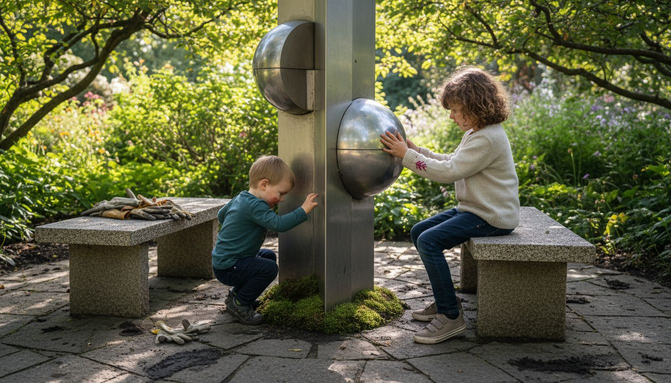 Children engaging with interactive garden sculpture