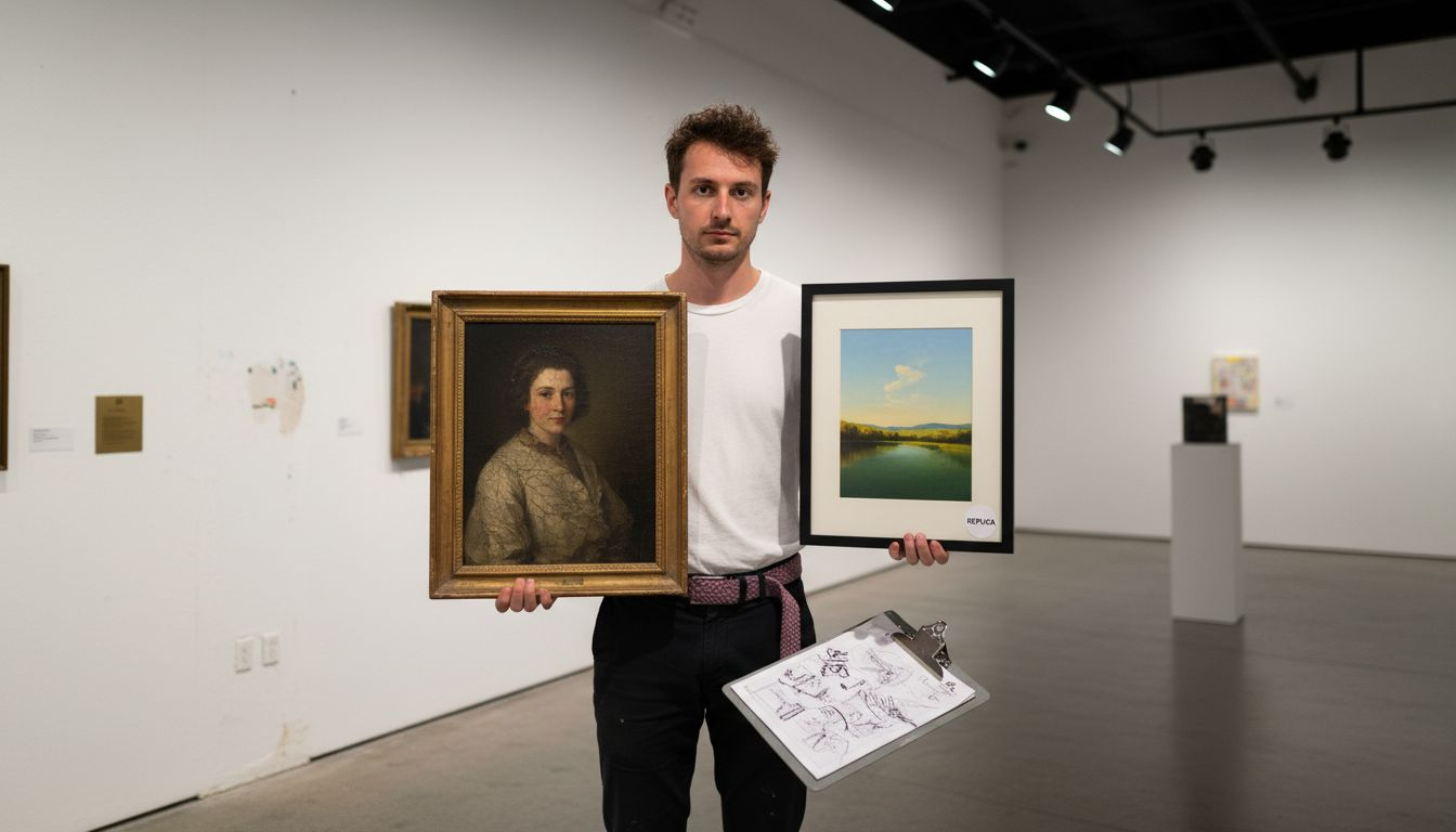 Gallery assistant compares two artworks