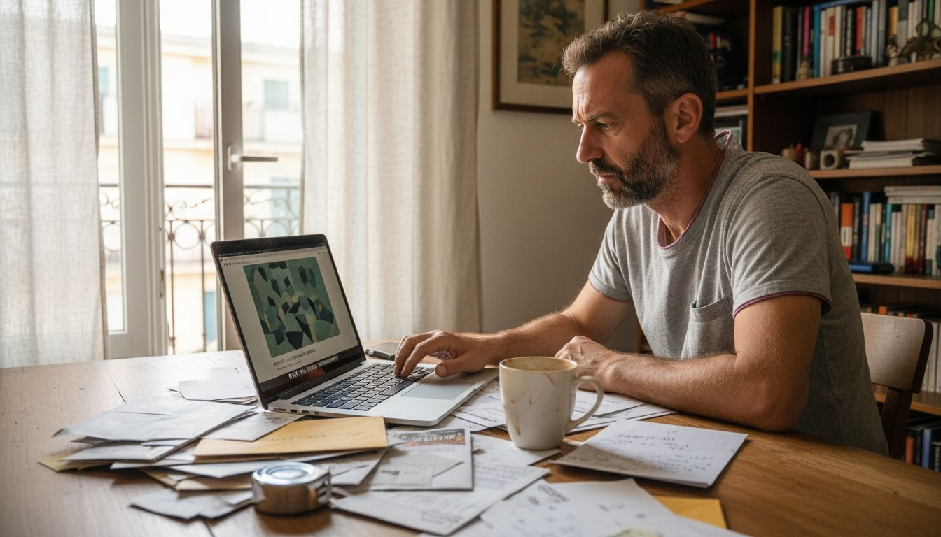 Man viewing online art gallery at table