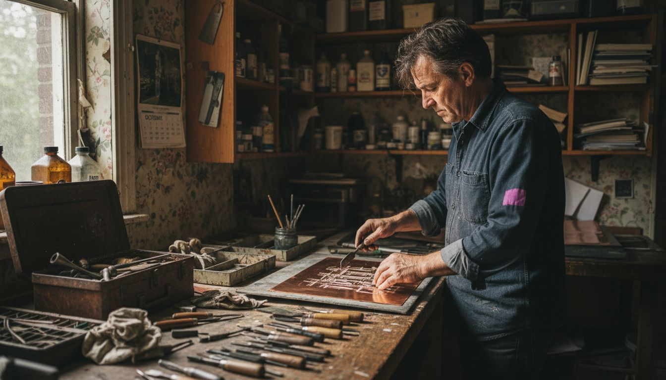 Printmaker arranges etching plates on bench