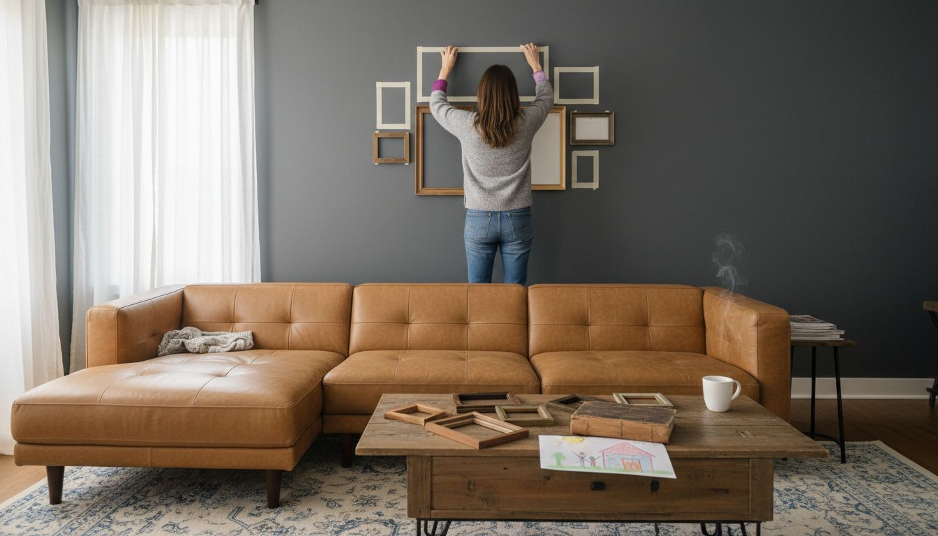 Mapping gallery wall with tape in cozy room