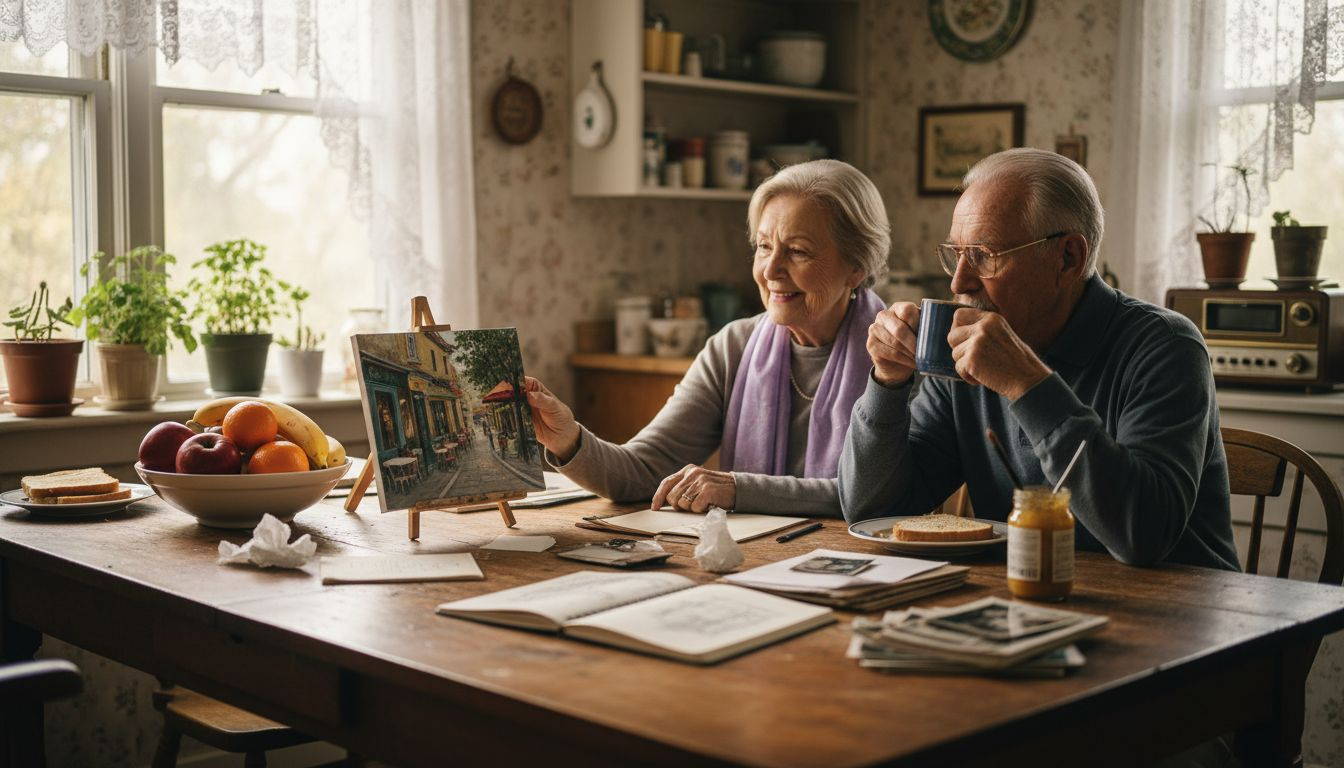 Elderly couple sharing art memories in kitchen