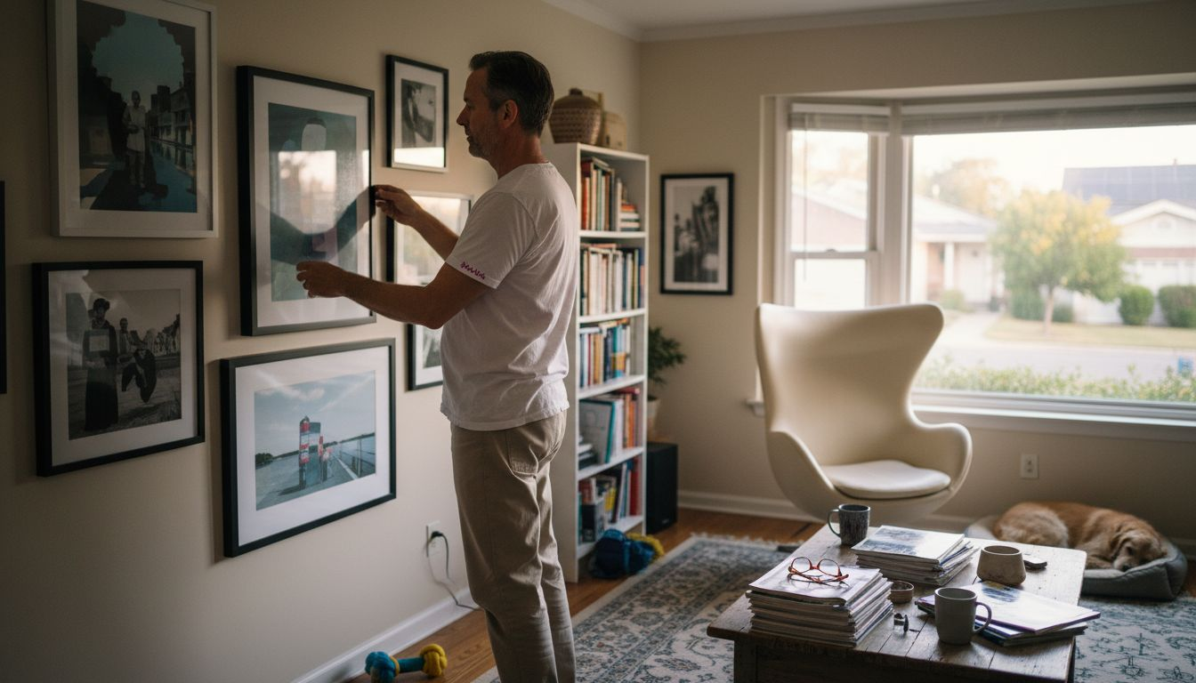 Man curating art in home studio setting