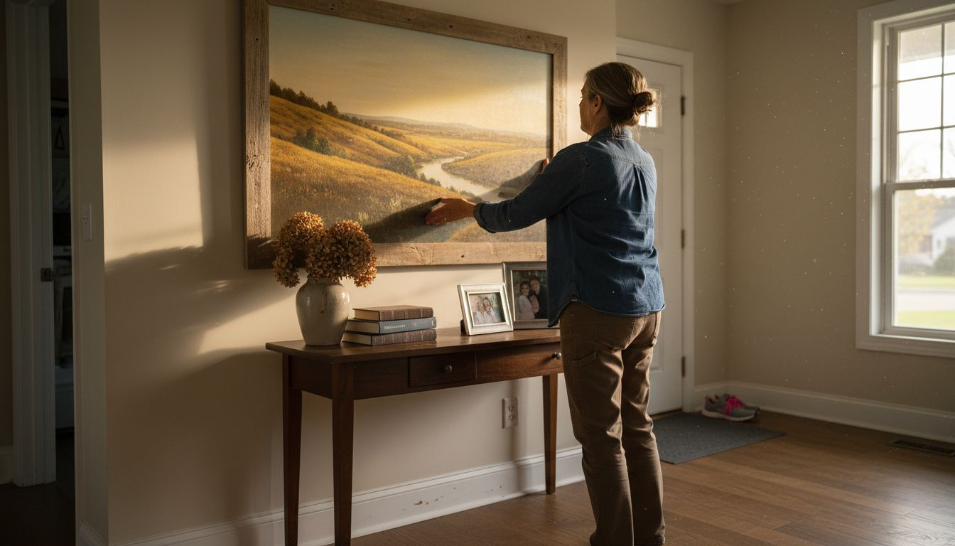 Woman hanging large art in hallway