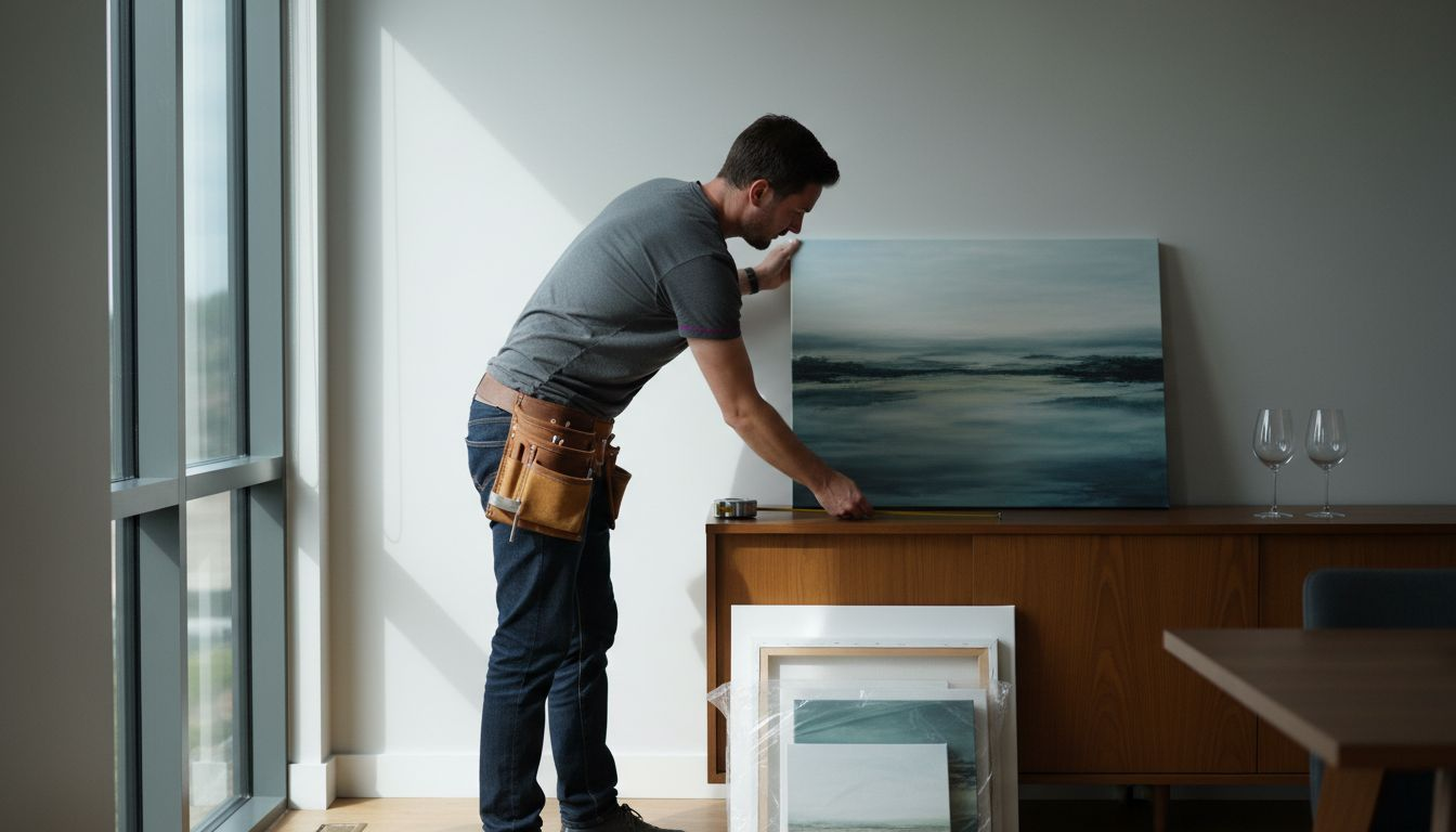 Gallery-wrapped canvas art being installed