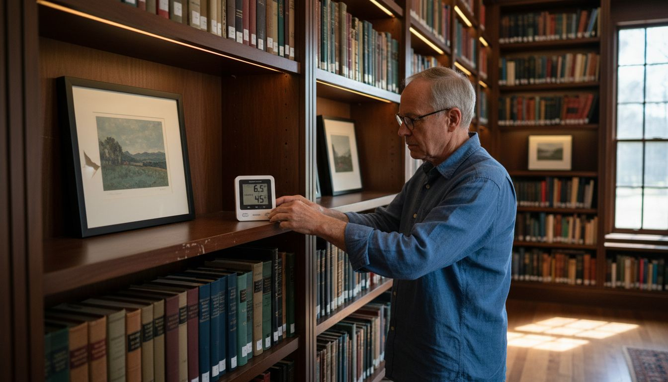 Man setting hygrometer near art print display