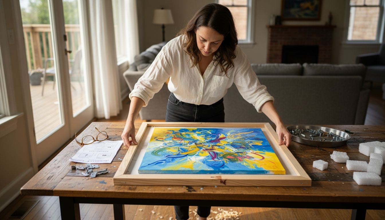 Woman fitting frame to canvas art