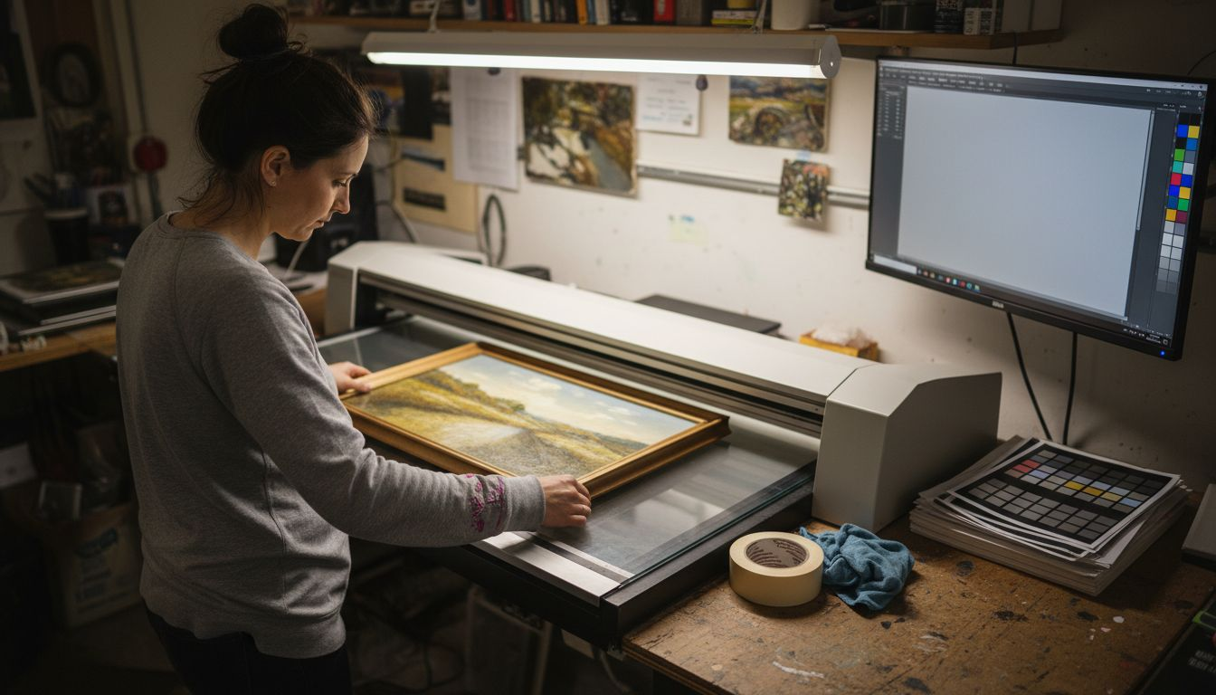 Scanning artwork on large flatbed with proofs visible