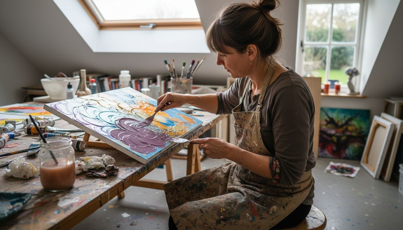 Artist layering paint with realistic studio props