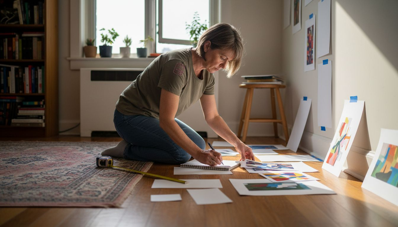 Woman creates paper layout for wall art