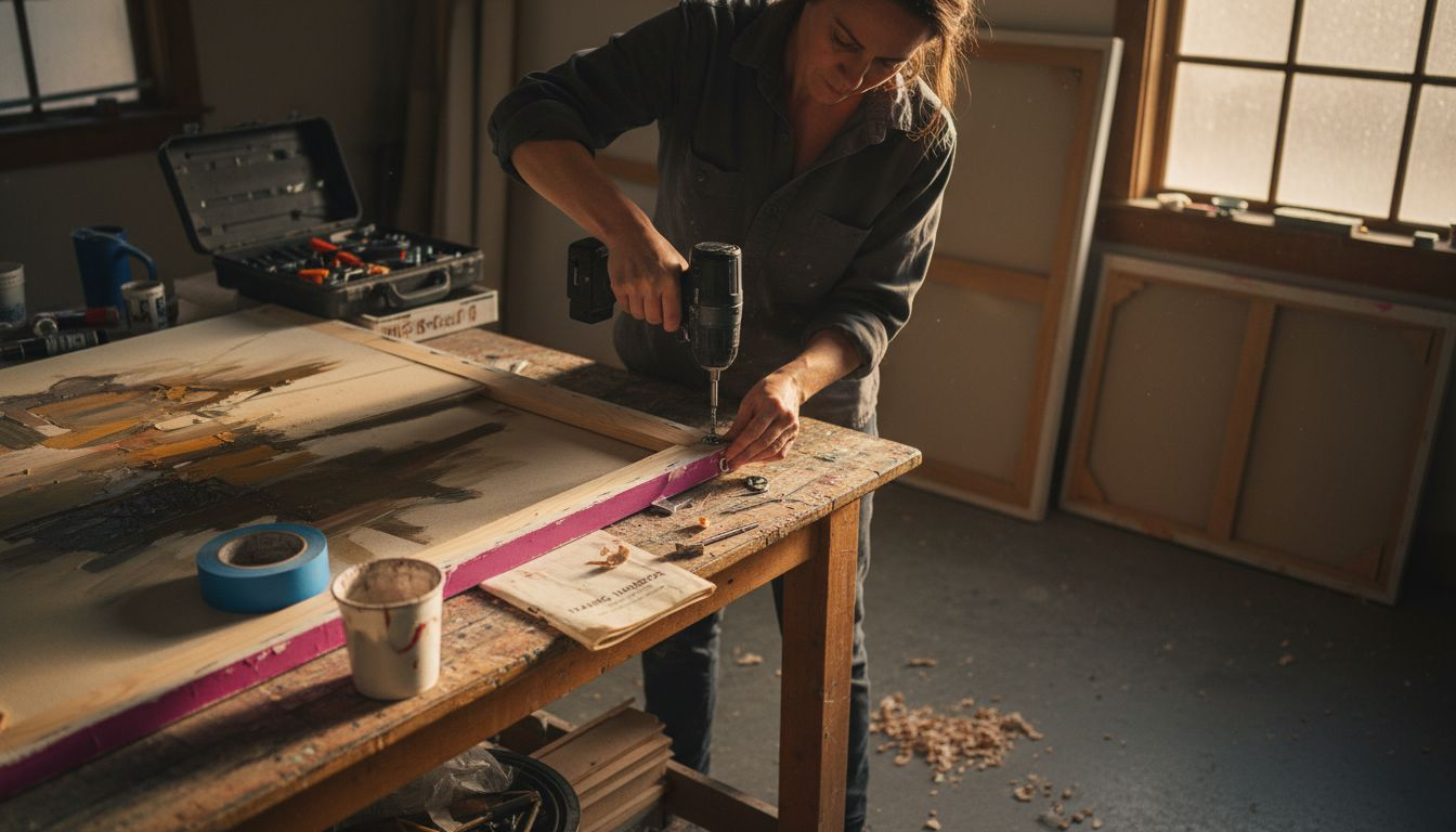 Woman adding d-rings and wire to painting