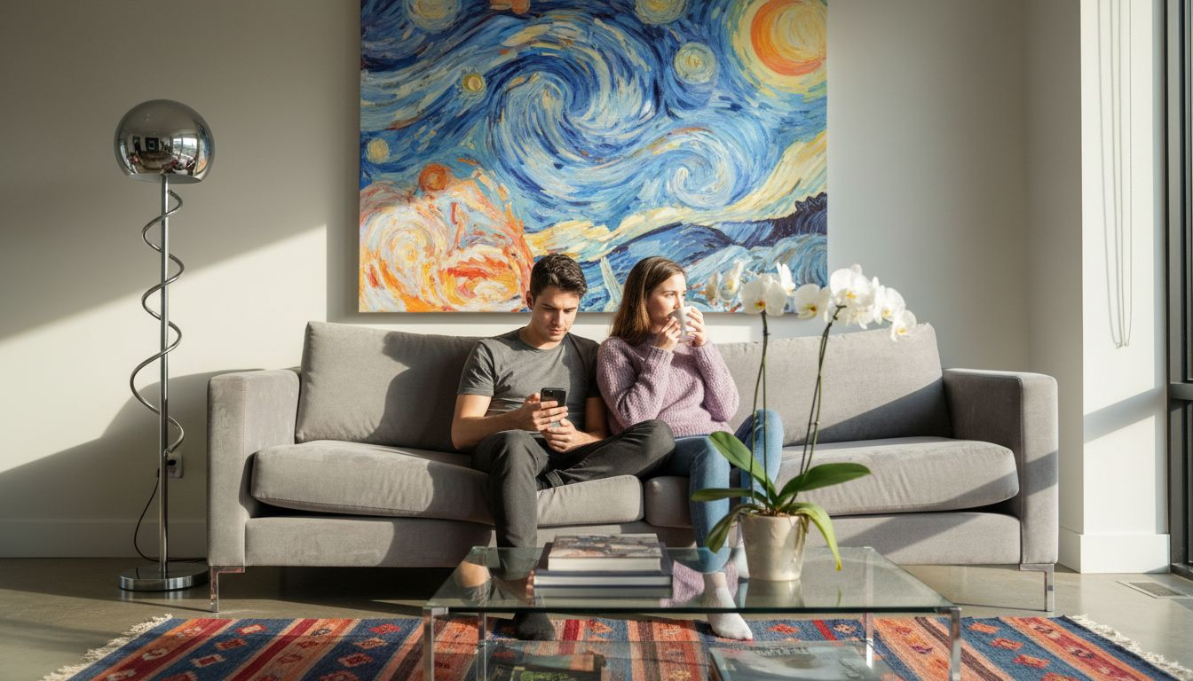 Couple with modern art in luxury living room