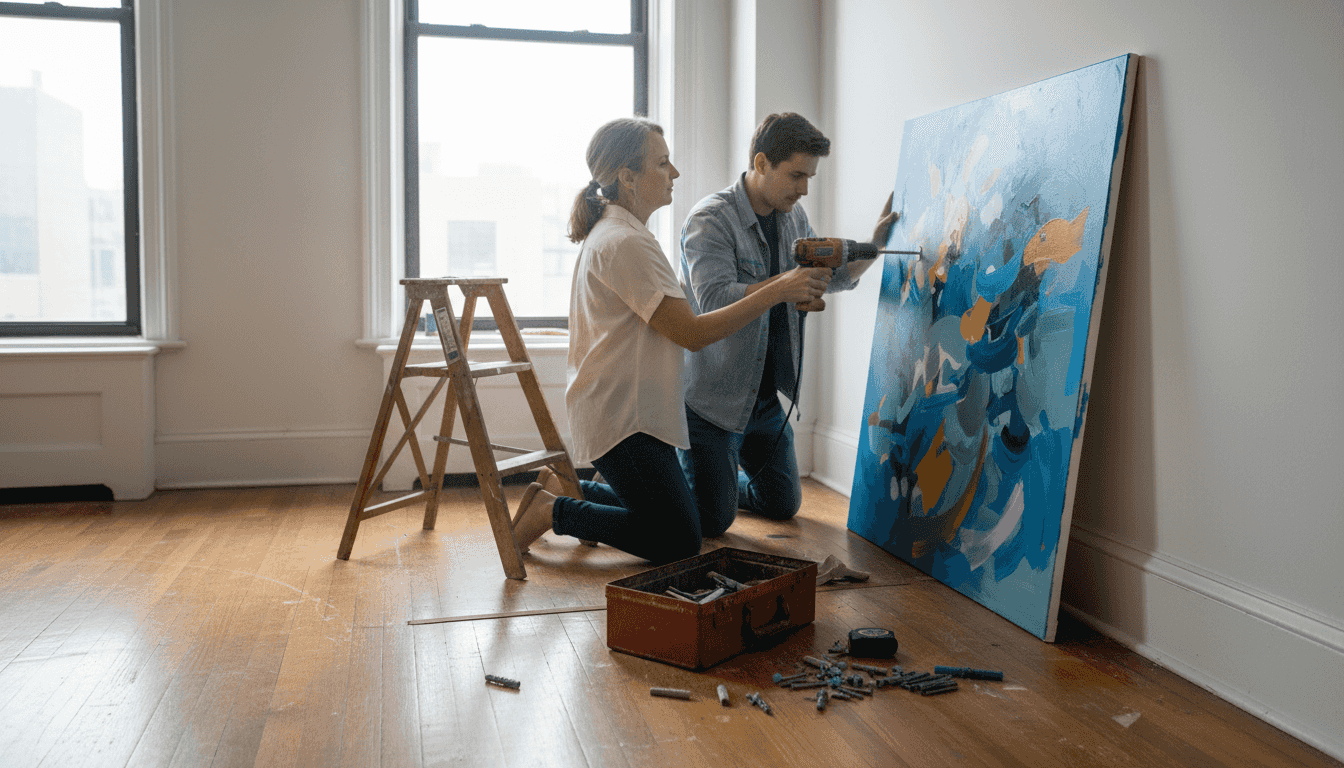 Team installing heavy art with anchors