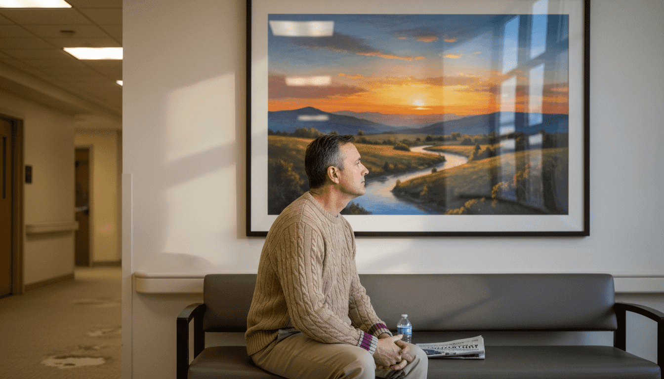 Man viewing art in hospital for relaxation