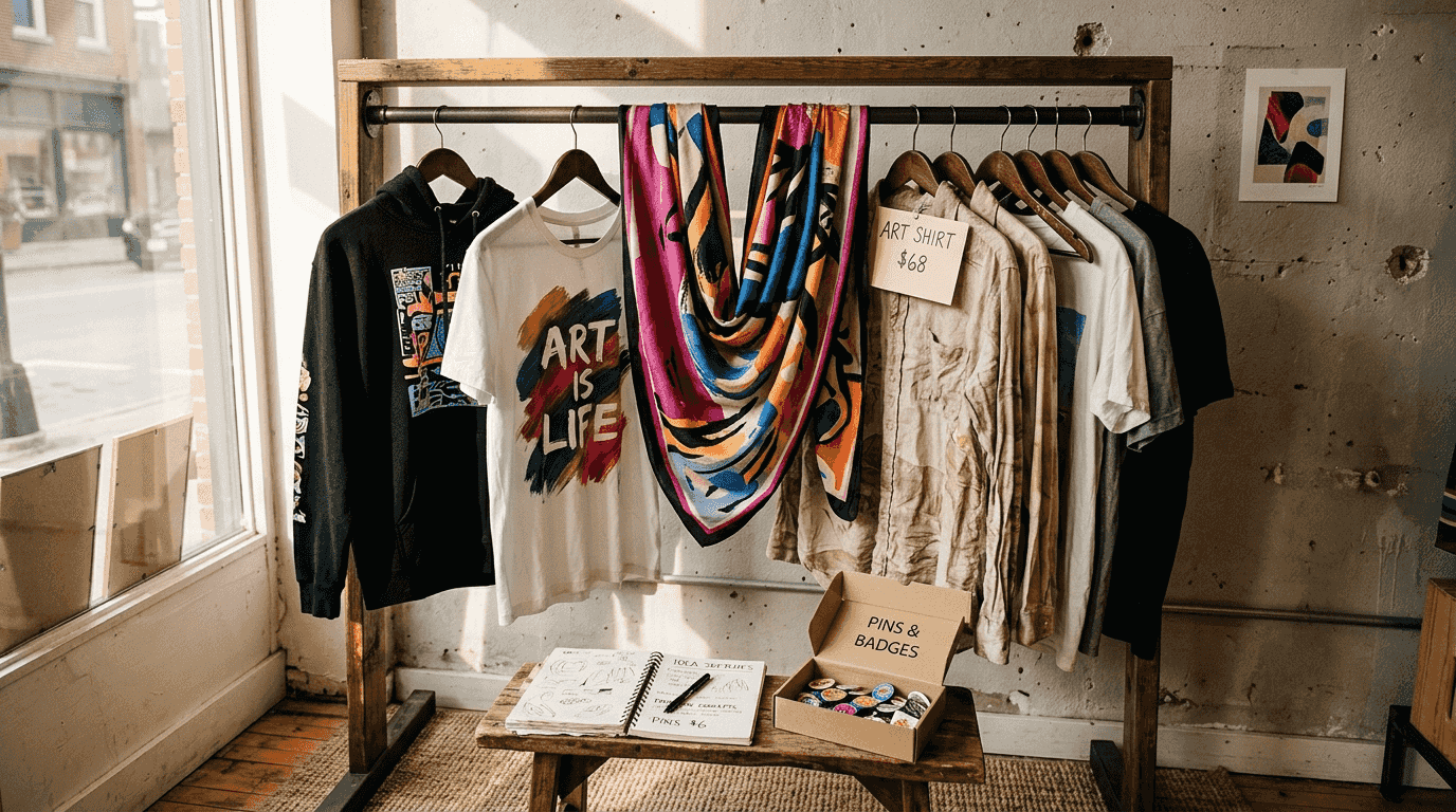 Art-inspired apparel and accessories on boutique rack