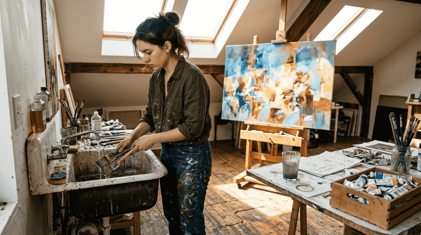 Painter working in cluttered sunlit studio