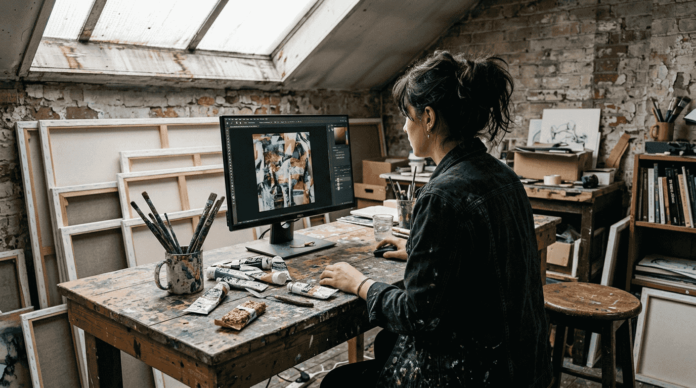 Artist editing hybrid abstract artwork in studio