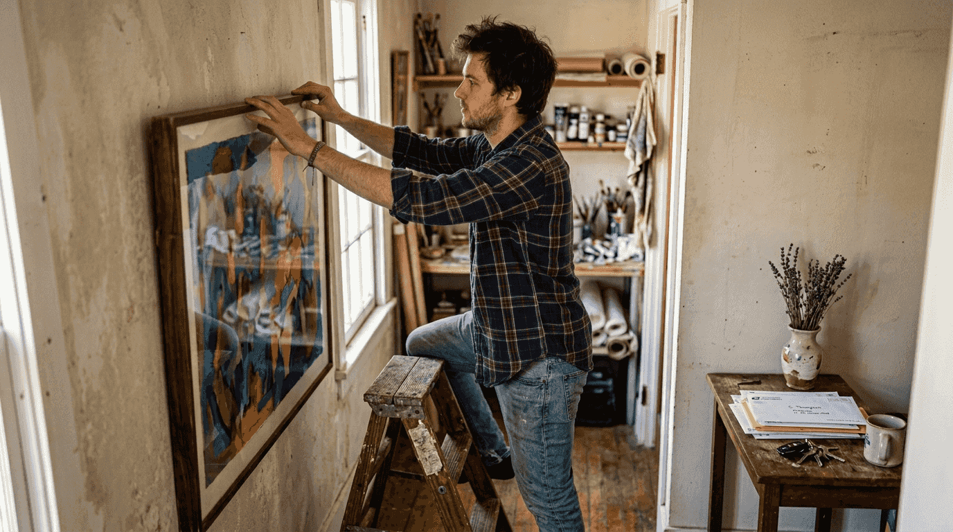 Man hanging abstract art in narrow hallway