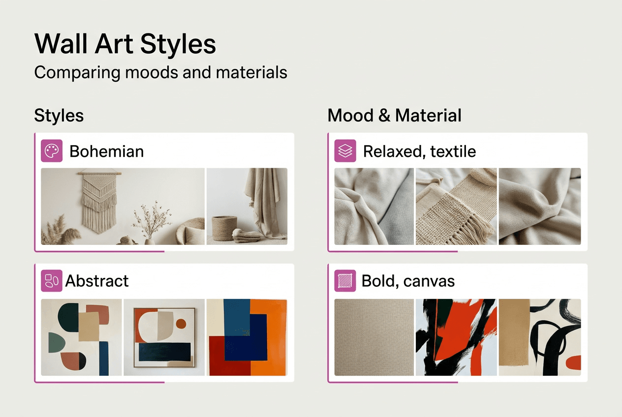 Infographic comparing wall art style moods and materials